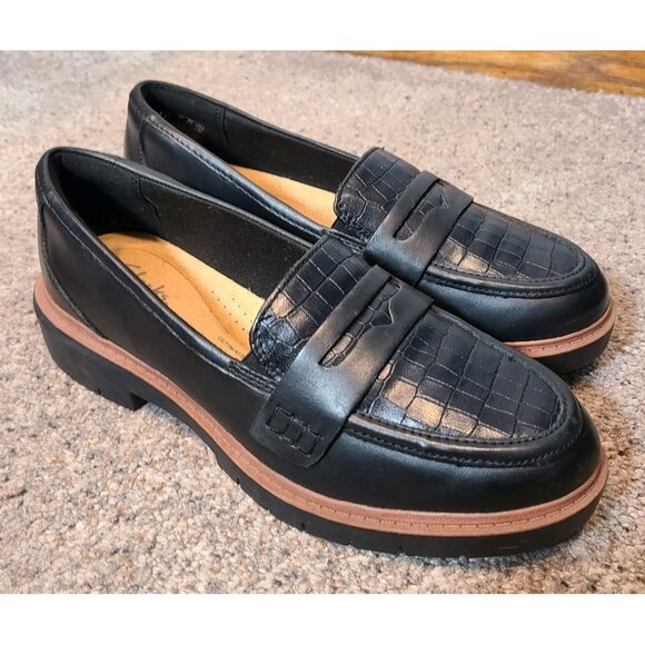 Clarks Westlynn Ayla Womens Penny Loafer Sz 7 Black Croc Leather Slip-On Shoes - Picture 1 of 10